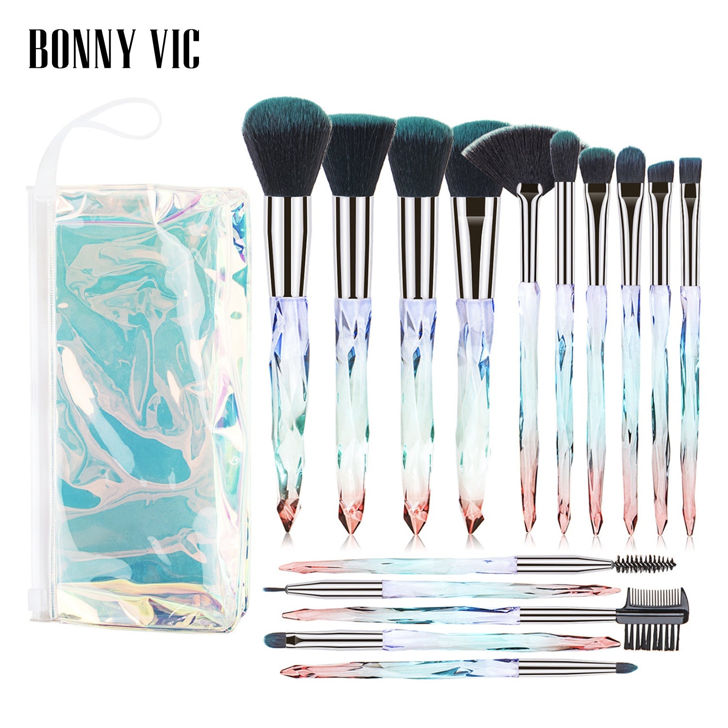 15 Pcs Diamond Crystal Handle Makeup Brushes Foundation Eyeshadow