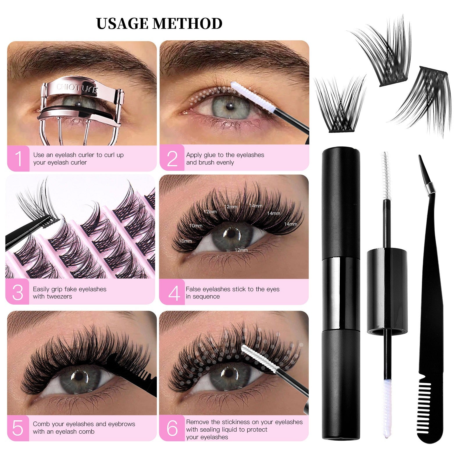 DIY Eyelash Extensions Kit Lash Clusters Bond Glue Tweezers