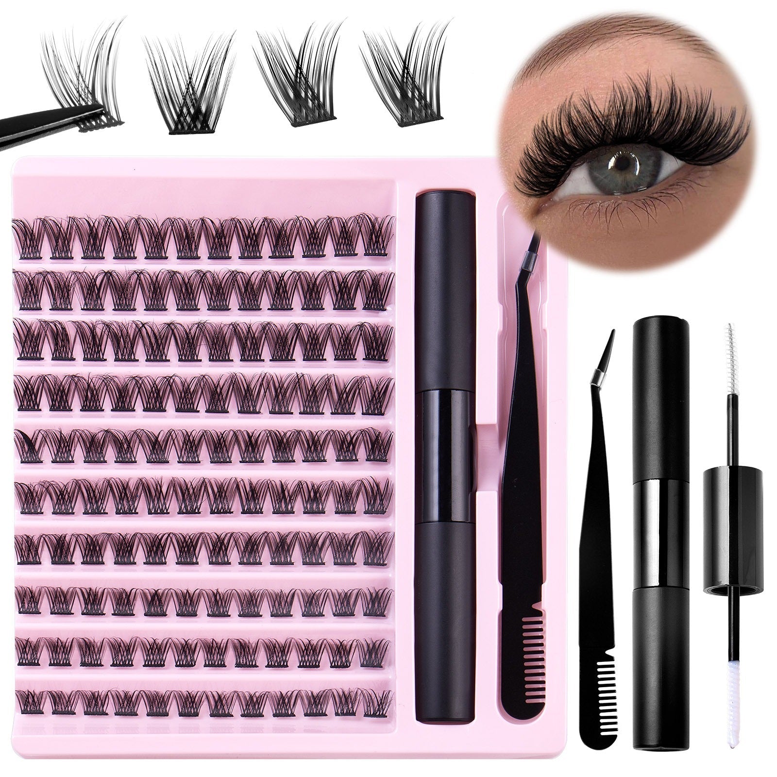 DIY Eyelash Extensions Kit Lash Clusters Bond Glue Tweezers