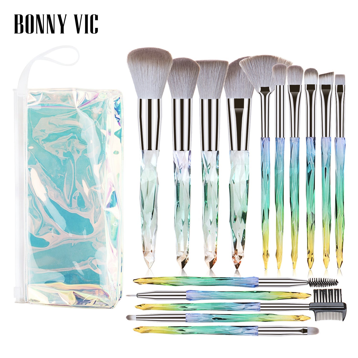 15 Pcs Diamond Crystal Handle Makeup Brushes Foundation Eyeshadow